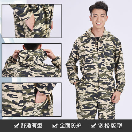 Camouflage One-Piece Work Clothes for Men, Breathable Dust-Proof Labor Protection Clothing with Hood, Spray Paint Polishing, Stain-Resistant Work Clothes, Thin and Wear-Resistant