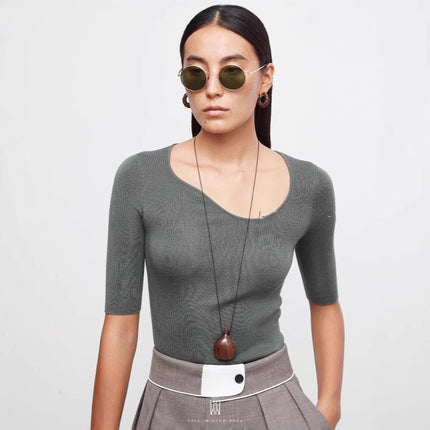 Women's Clothing Factory Unica Same Style Summer Seamless Wool Direct Selling Mid-Sleeve Thin Knitwear Design Top for Women