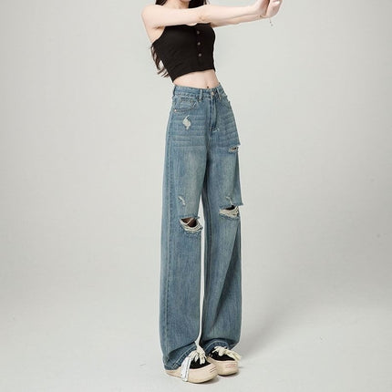 Ripped Jeans Women's Summer Thin Straight Loose 2024 New High Waist Wide Leg Draping Slimming Floor Trousers