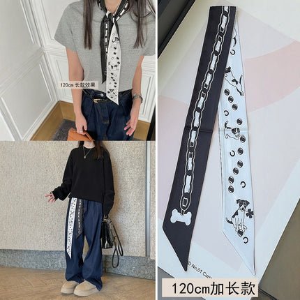 Lined Letter C Puppy Double-Layer Printed All-Match Tie Bag Ribbon Hair Band Ribbon Women's Decorative Small Scarf