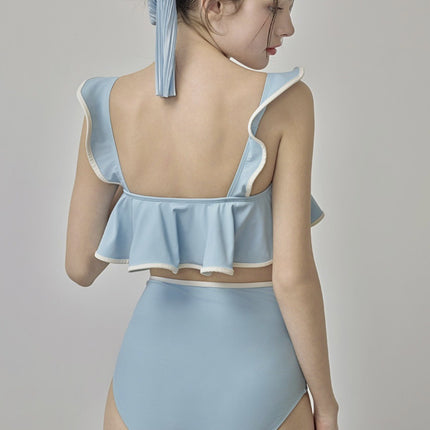 Swimsuit Women's Suspender Blue Split Bikini Small Breasts High Waist Conservative High-End Hot Spring 2025 New Style