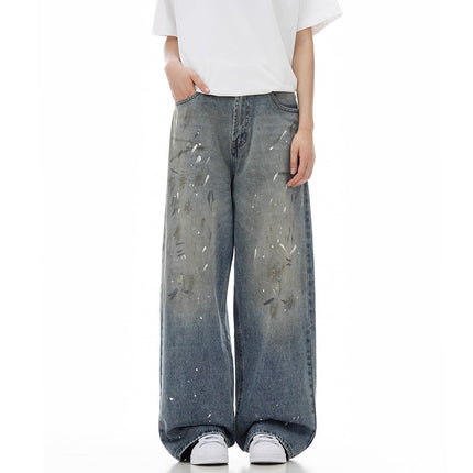 Jiamu Tie-Dye Ac Splash-Ink Jeans American High Street Fashion Brand Retro Washed Distressed Loose Straight Wide Legs