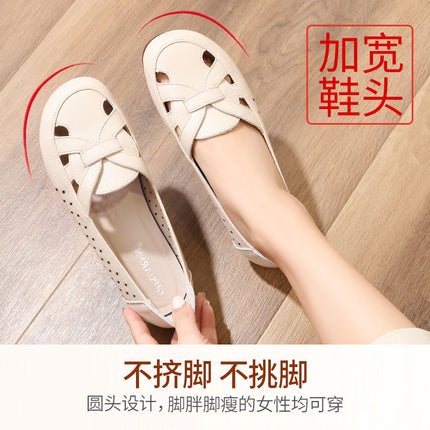 Mom's Shoes, Single Shoes, Leather Shoes for Middle-Aged and Elderly People, Hollowed Out, Soft-Soled, Comfortable, Breathable, Non-Tiring, Summer Non-Slip Sandals for Women