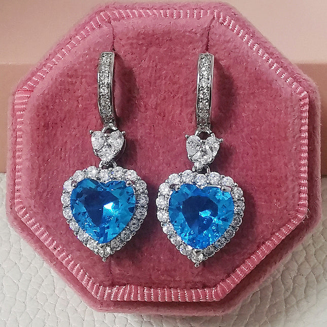 Europe and the United States cross-border foreign trade new trend blue zircon ocean heart pendant ring earrings suit female j7531