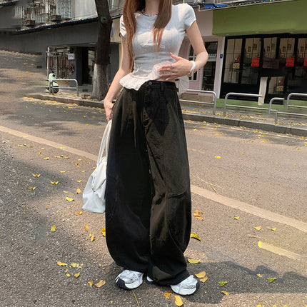Black and Grey Scimitar Wide Leg Jeans Women's 2025 Summer New Straight Loose High Waist Dummy Slimming Mop Pants