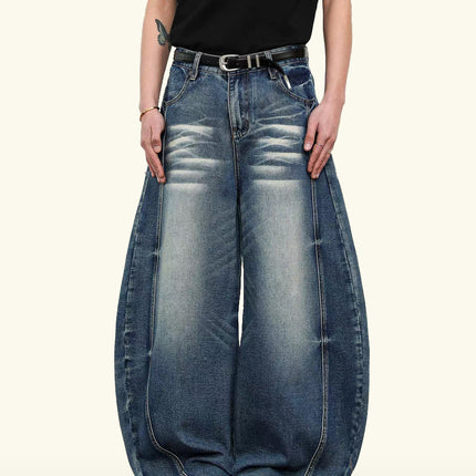 American Style Vintage Washed Cat Whiskers light blue Scimitar Jeans Unisex Wide Leg cleanfit Scythe Jeans