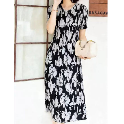 Miyake pleated 2025 summer new temperament round neck printed pleated skirt fashion waist thin magic dress