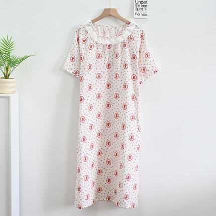 Summer Baby Cotton Gauze Short-Sleeved Thin Nightgown for Women Cartoon Lace Round Neck Breathable Cotton Home Clothes Can Be Worn Outside