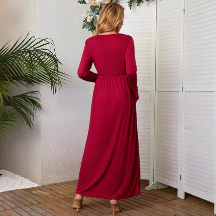 2023 autumn and winter New Amazon cross-border supply round neck long sleeve solid color casual pocket dress mop dress
