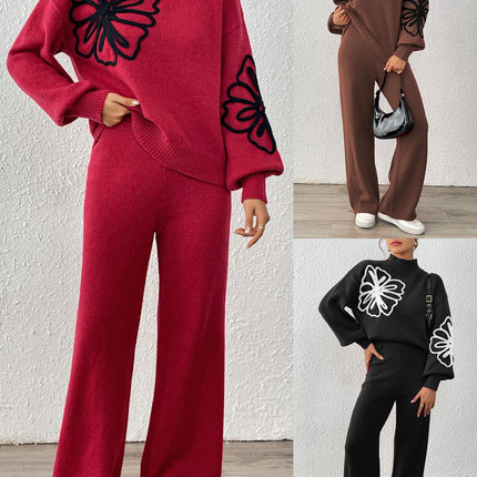Cross-Border European and American Women's Clothing Set: Ribbon Embroidery Floral Half-High Collar Lantern Sleeve Pullover Sweater and Straight Wide-Leg Pants Two-Piece Set