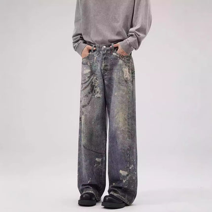 JIAMU Autumn and Winter AC Home Cut Digital Printed Jeans Men's Baggy Loose Straight Tube Personality in All-match Fashion Brand