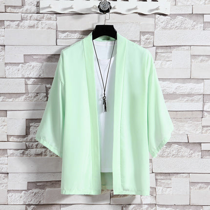 New Cross-border Summer Men's Simple Solid Color Cardigan Casual Loose Guofeng Seven-sleeve Ice Silk Cardigan Shirt for Men