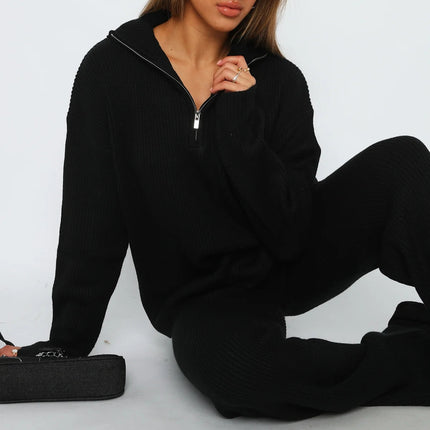 European and American Cross-Border 2026 Autumn and Winter Hot-Selling New Product Two-Piece Casual and Comfortable Lapel Long-Sleeved Sweater Knit Set