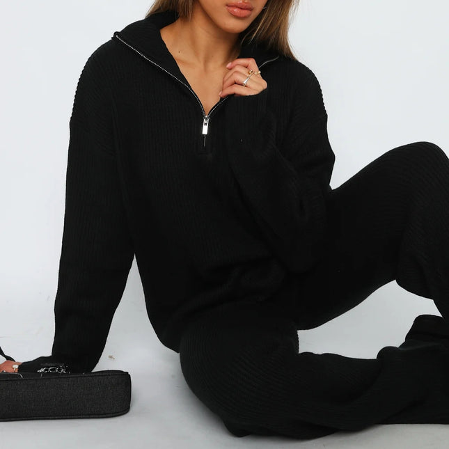 European and American Cross-Border 2026 Autumn and Winter Hot-Selling New Product Two-Piece Casual and Comfortable Lapel Long-Sleeved Sweater Knit Set