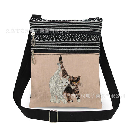 Cross-Border New Product Double Zipper Cat Print Single Shoulder Crossbody Bag Ultra-Light Cross-Border Style Messenger Bag Fashionable and Cute Women's Bag