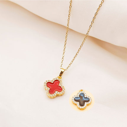 Light Luxury Double-sided Oil Drop Four-leaf Clover Necklace Women's Golden High-grade Micro-set Zircon Flower Pendant Clavicle Chain Accessories