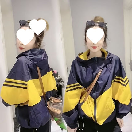 Contrast Color Splicing Hooded Sun Protection Clothing Women's Short 2025 Summer New Loose Long-Sleeved Sun Protection Clothing Thin Jacket