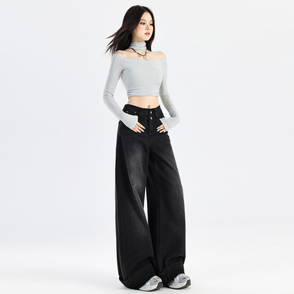 American Style Black Grey Wide Leg Jeans Women's Autumn 2024 New High Waist Double Buckle Loose Slimming Curl Edge Mop Pants