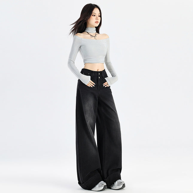 American Style Black Grey Wide Leg Jeans Women's Autumn 2024 New High Waist Double Buckle Loose Slimming Curl Edge Mop Pants