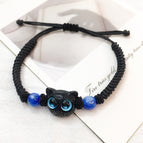 Blue eyes black cat head braided black bracelet