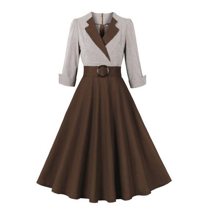 2024 Cross-Border Retro Cotton Dress for Women European and American Hepburn Style Plaid Splicing Coffee Three-Quarter Sleeve Large Hem Skirt