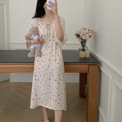 2026 New Cotton Silk Nightgown for Women, High-End Printed Short-Sleeved Long Dress, Large Size, Thin Style, Can Be Worn Outside as Loungewear