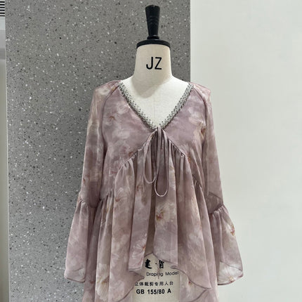 Dirin Ambient V-Neck Nail Drill Lazy Draped Slimming Trumpet Sleeve Chiffon Shirt Women's Holiday Floral Short Top
