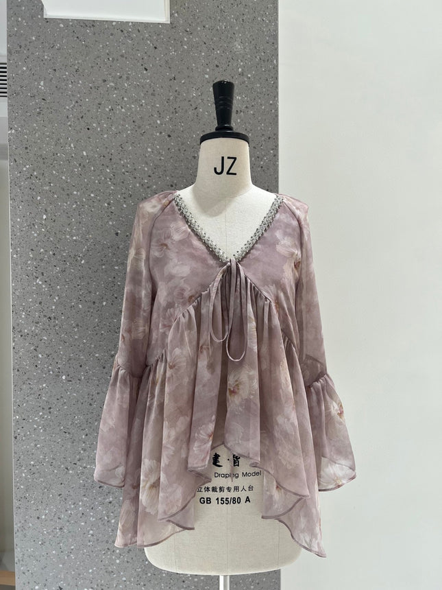 Dirin Ambient V-Neck Nail Drill Lazy Draped Slimming Trumpet Sleeve Chiffon Shirt Women's Holiday Floral Short Top