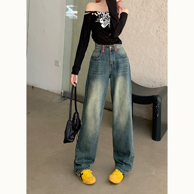 American Retro Straight-Leg Jeans for Women, 2025 Spring New High-Waisted Fashionable Versatile Loose Floor-Length Pants