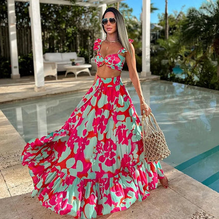 2024 European and American bikini New Ruffle Printed High Waist Split Swimsuit Holiday suit Women's Cross-border Explosions