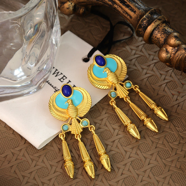 Silver Needle Middle vintage Phoenix Tassel Earrings French Retro Court Style Exaggerated Personality Design Sense Earrings