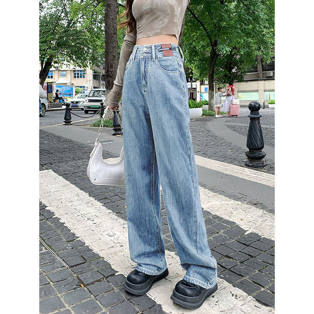 2025 Two-Button Drapey Floor-Length Pants Korean Style Petite Wide-Leg Pants High-Waisted Jeans Retro Vintage Women's