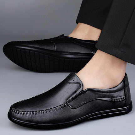 2024 spring new men's casual leather shoes first layer cowhide punching flat leather shoes lightweight peas shoes hollow shoes