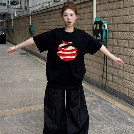 White Pure Cotton Apple Short-Sleeve T-Shirt for Women, Summer 2026 New Design, Niche Style, Regular Shoulder, Loose Half-Sleeve Top, Trendy