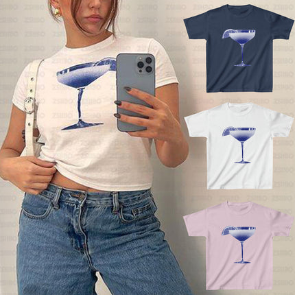 2024 Summer Amazon New Women's European and American T-shirt Distinctive Wine Glass Printed Comfortable Loose Top for Women