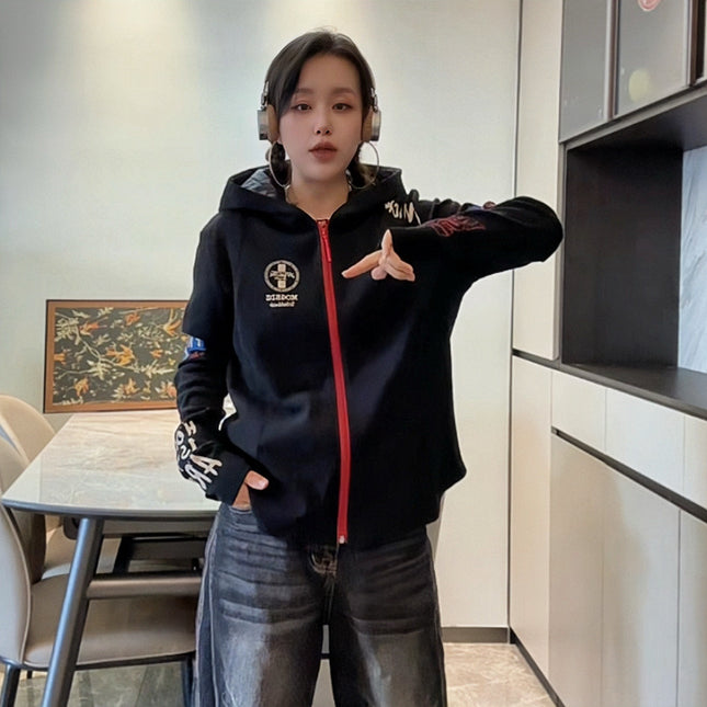 Thickened American-Style Cardigan European-Style Hooded Top 2025 Autumn New Women's Curved Hem Letter Print Trendy Brand Women's Clothing