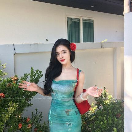 French Green Printed Swing Collar Suspender Dress for Women's Summer Seaside Vacation, Beautiful Slim Fishtail Hip-Hugging Long Skirt