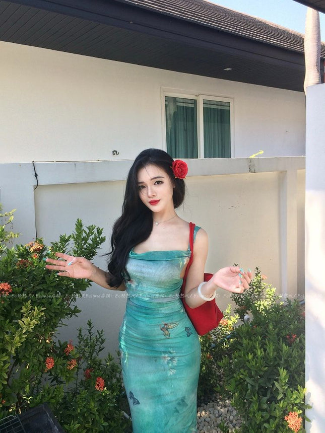 French Green Printed Swing Collar Suspender Dress for Women's Summer Seaside Vacation, Beautiful Slim Fishtail Hip-Hugging Long Skirt