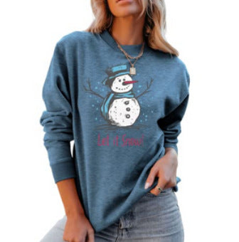 Cross-border Foreign Trade Sources European and American Snowman Blue Hat Printed Long Sleeve Women's Top Sweatshirt Jacket