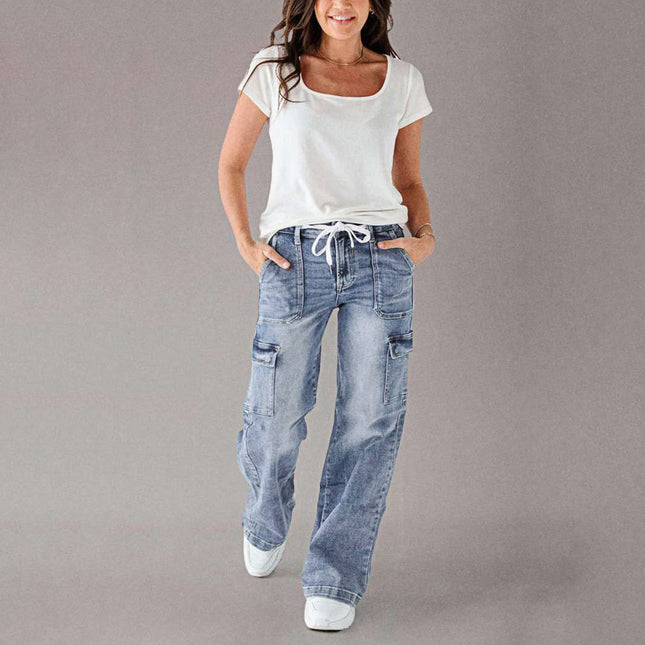 Factory Direct Sales 2025 New European and American Cross-Border Straight Jeans Women's Light-Colored Washed Lace-Up Cargo Pants in Stock