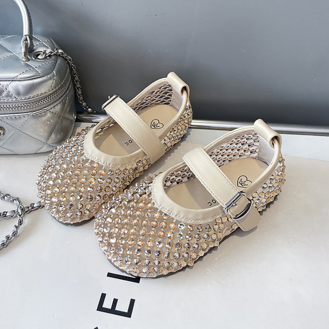 0316 Children's Sandals Sweet Rhinestone Shallow Mouth Small Leather Shoes 2025 Summer New Girls Hollow Fashion Princess Shoes