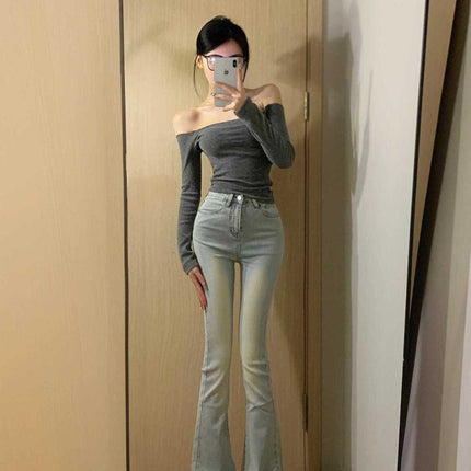 light blue Stretch High Micro-flared Jeans Women's Spring and Autumn New High Waist Loose Slim-fit All-match Trendy Trendy Mop Pants