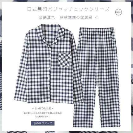 Long-Sleeved Cotton Japanese Pajamas Women's Suit Cotton Plaid Couple Long-Sleeved Home Clothes Men's Summer Thin Suit
