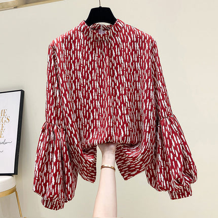 Spring New Fashion Floral Silk Shirt Women's Design Sense Niche Chiffon Lantern Sleeve Shirt Lace Shirt, Snow