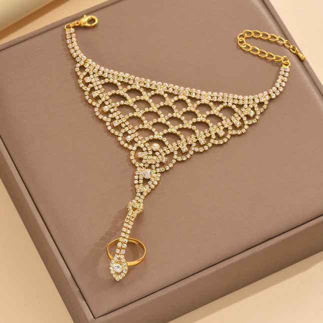 European and American Fashion Shiny Rhinestone Mesh Bracelet Women's Personalized Hollow Zircon Finger Back-Of-Hand Chain Bracelet