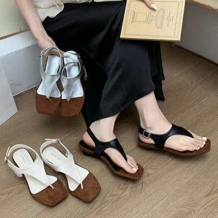 Retro Design Sandals 2025 Summer New Square Toe Thong Sandals Special-Shaped Heel Small Herringbone Women's Shoes