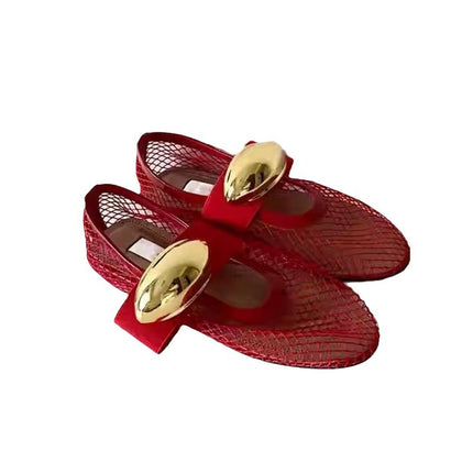 Niche Metal Mesh Flat Shoes Comfortable Hollow Shallow Mouth Breathable Single-layer Shoes Summer Golden Ballet Shoes Mary Jane