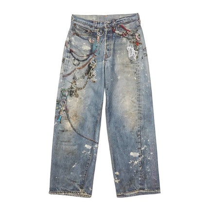 JIAMU Autumn and Winter AC Home Cut Digital Printed Jeans Men's Baggy Loose Straight Tube Personality in All-match Fashion Brand