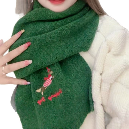 Autumn and Winter Warm Scarf for Women Japanese Style Cute Puppy Embroider Knitted Cold-Proof Fashion Versatile High-End Scarf for Students