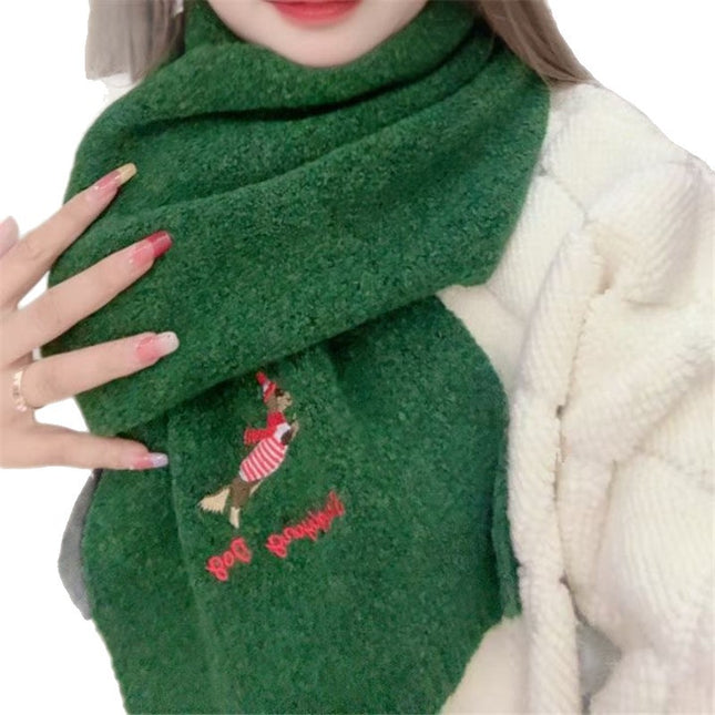 Autumn and Winter Warm Scarf for Women Japanese Style Cute Puppy Embroider Knitted Cold-Proof Fashion Versatile High-End Scarf for Students